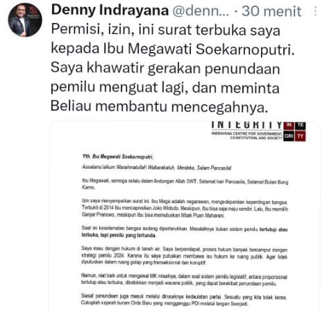 Denny Indrayana Tulis Surat Terbuka ke Megawati, Sebut Isu Tunda Pemilu dan Perpanjangan Masa Jabatan Presiden