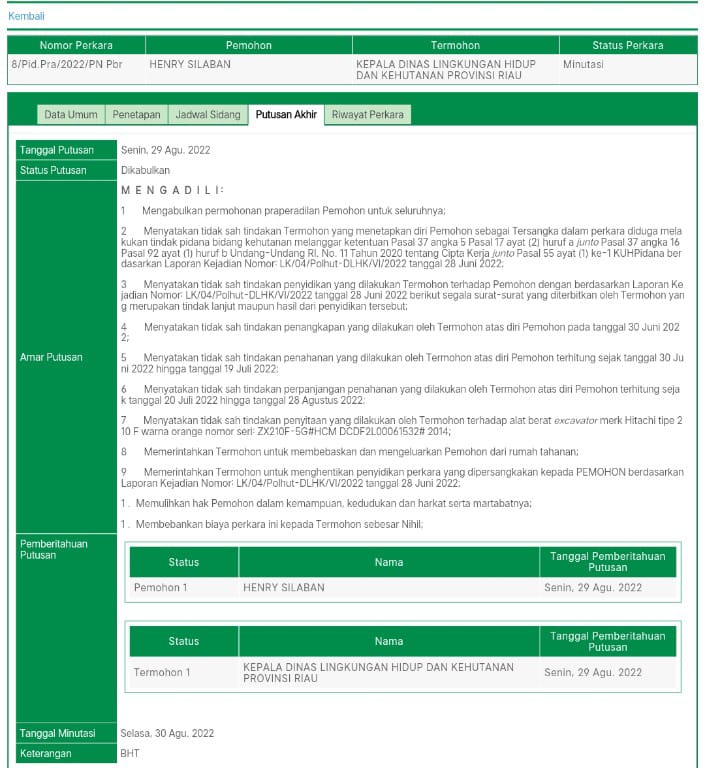 DLHK Riau Kalah Prapid, Hakim Minta Pemohon dan Alat Berat Dibebaskan