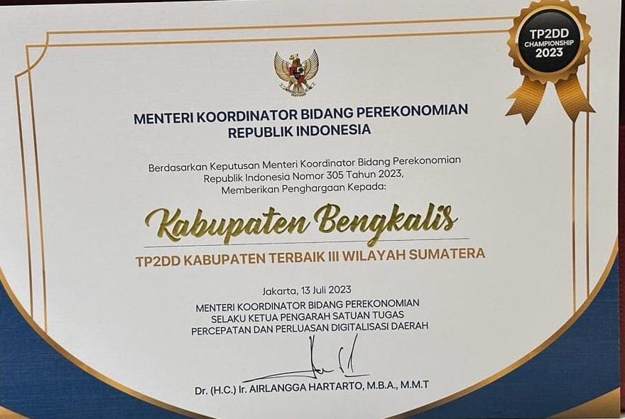 Pemkab Bengkalis Raih Prestasi, Sebagai TP2DD Terbaik Ketiga Wilayah Sumatera