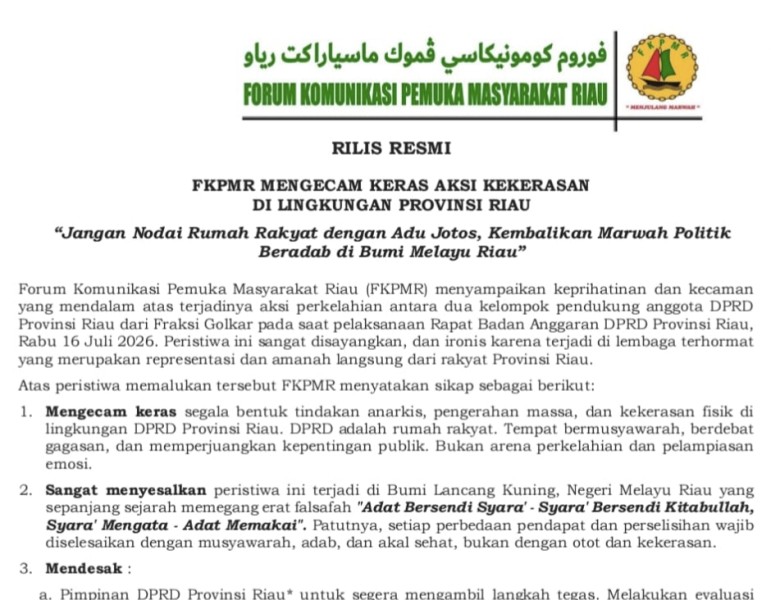 Kecam Keras Adu Jotos di DPRD Riau, FKPMR: Harus Disanksi Tegas