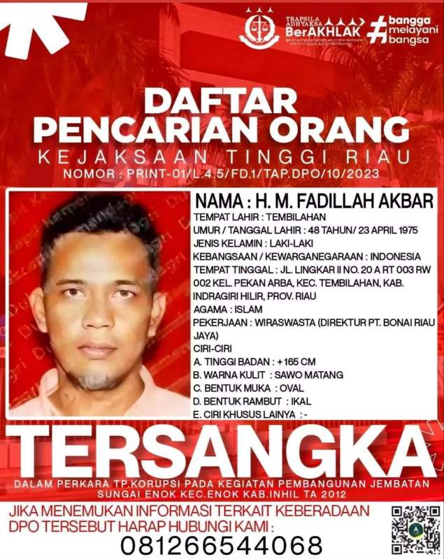 Kasus Jembatan Sungai Enok, Direktur PT BRJ Jadi Buronan Kejati Riau
