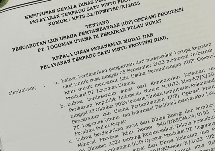 IUP Operasi Produksi PT Logomas Utama di Perairan Rupat Riau Dicabut