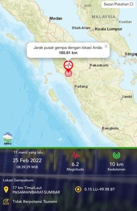 Sumbar Diguncang Gempa 6,2 SR, Getaran Sampai ke Pekanbaru Riau